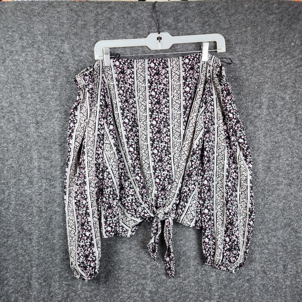 Kaari Blue Off-The-Shoulder Top‎ Women Large Black Pink Floral Stripe Tie Front